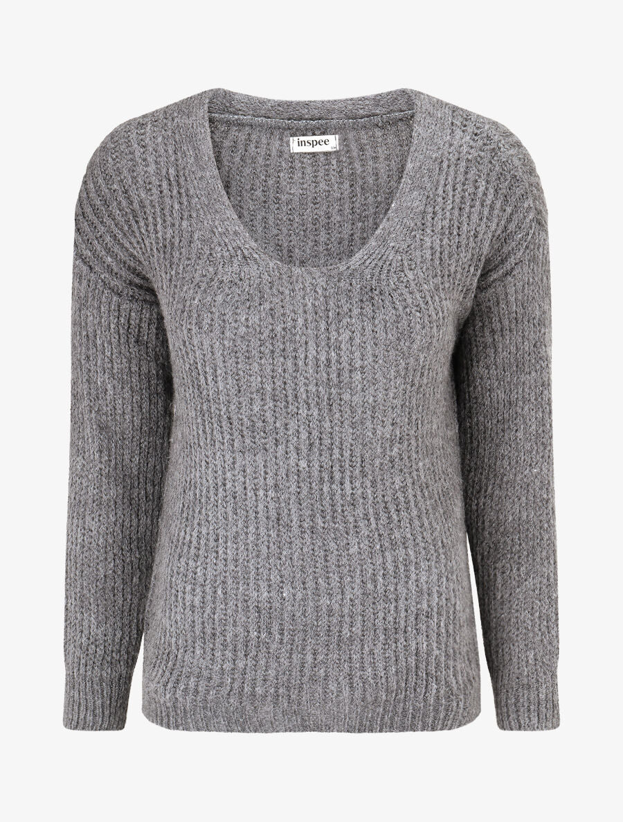 Pull en maille à col V - Gris foncé - 1