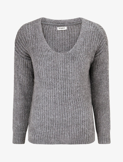 Pull en maille à col V - Gris foncé - 1
