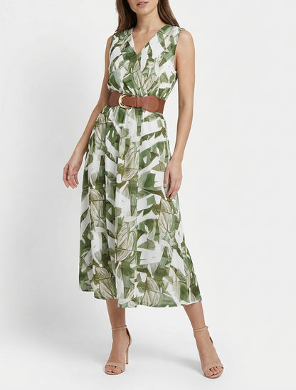 Ärmelloses Kleid mit Fantasiemuster - Kaki