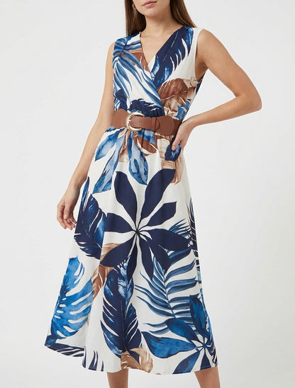 Ärmelloses Kleid mit Blattdruck - Marine