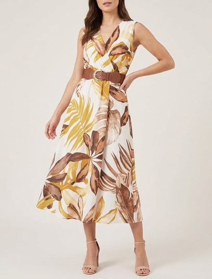 Ärmelloses Kleid mit Blattdruck - Senfgelb