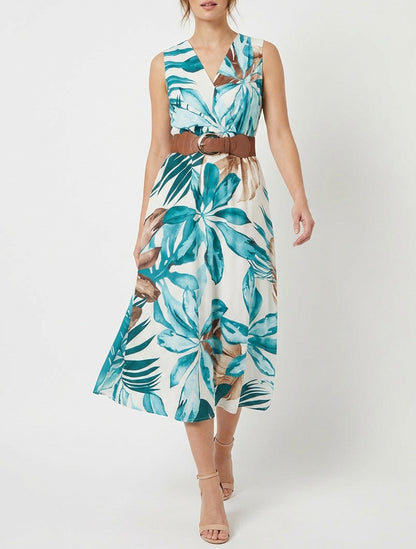 Ärmelloses Kleid mit Blattdruck - Entenblau