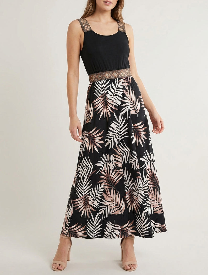 Kleid mit Blattdruck und stilisierten Trägern - Schwarz