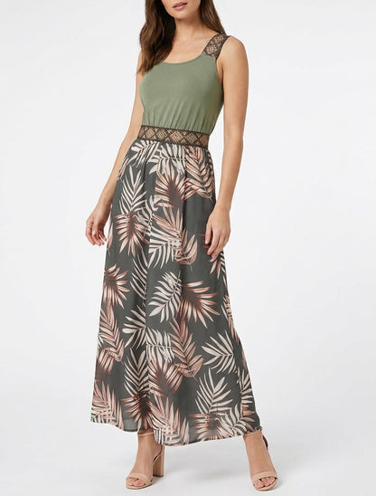 Kleid mit Blattdruck und stilisierten Trägern - Kaki