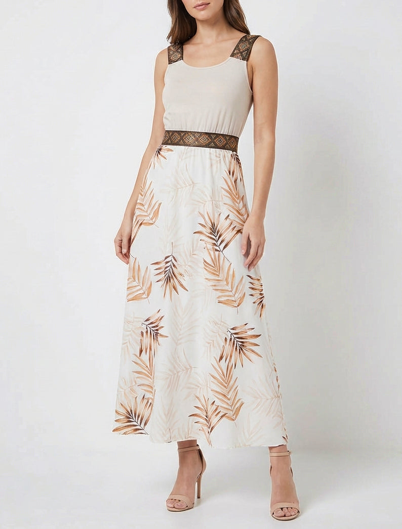 Kleid mit Blattdruck und stilisierten Trägern - Beige