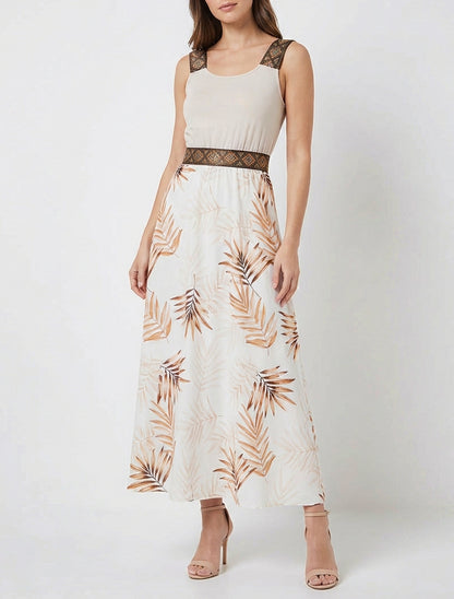 Kleid mit Blattdruck und stilisierten Trägern - Beige