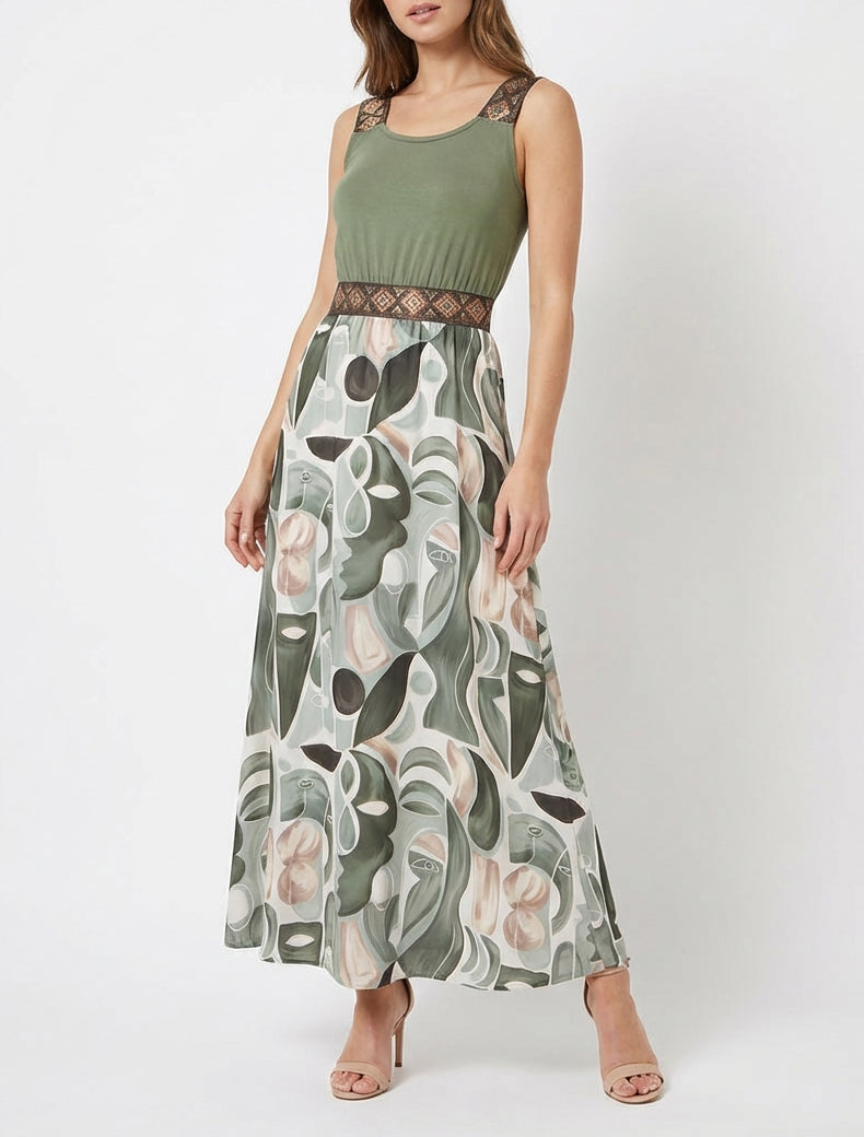 Kleid mit abstraktem Druck und stilisierten Trägern - Kaki