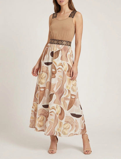 Kleid mit abstraktem Druck und stilisierten Trägern - Kamel