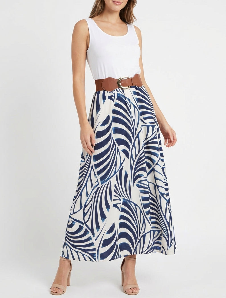 Ärmelloses langes Kleid mit Blattdruck - Marine