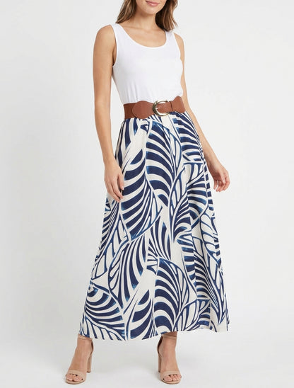 Ärmelloses langes Kleid mit Blattdruck - Marine