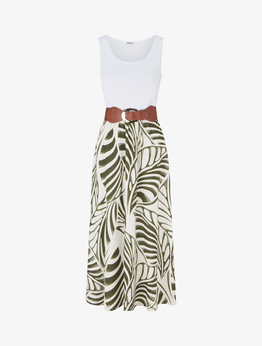 Robe longue sans manches imprimé feuilles - Kaki - 1