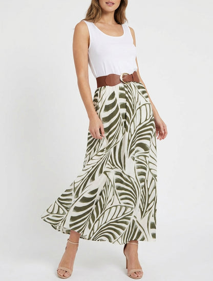 Ärmelloses langes Kleid mit Blattdruck - Kaki