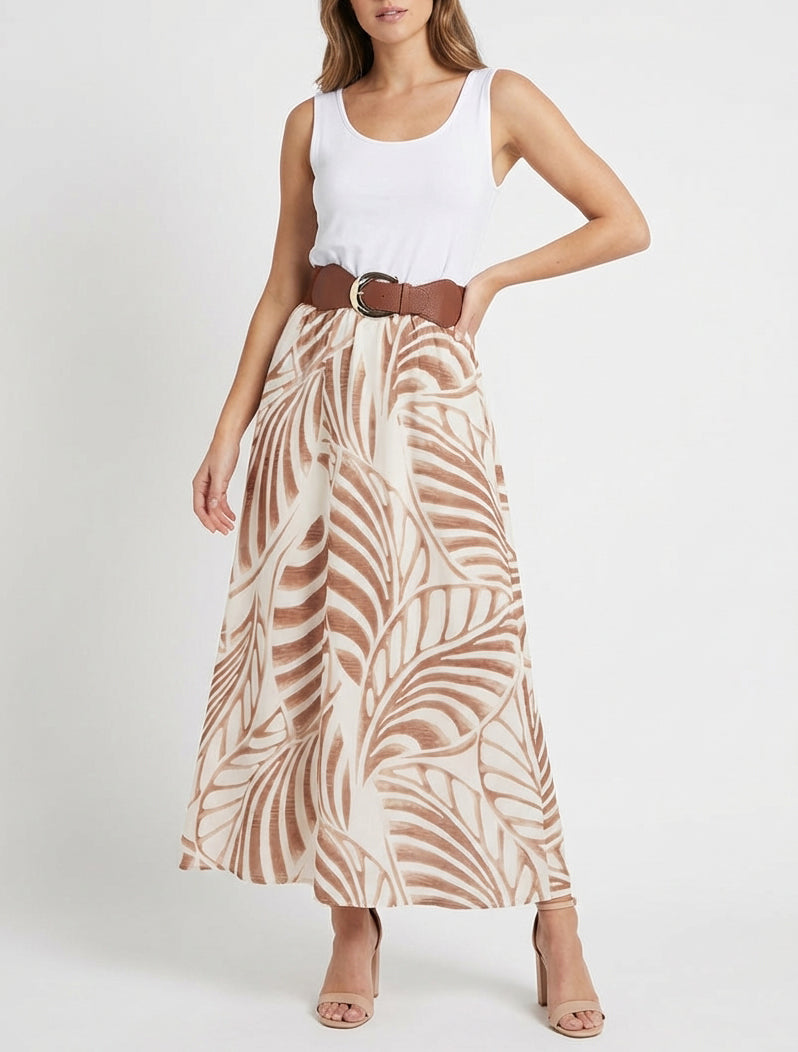 Ärmelloses langes Kleid mit Blattdruck - Dunkelbeige