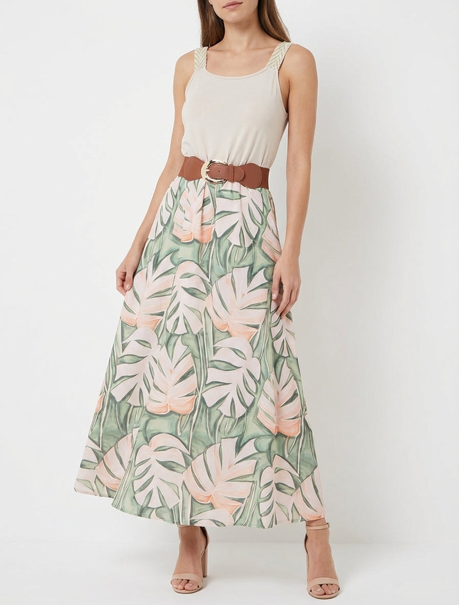 Langes Kleid mit Blätterdruck - Beige