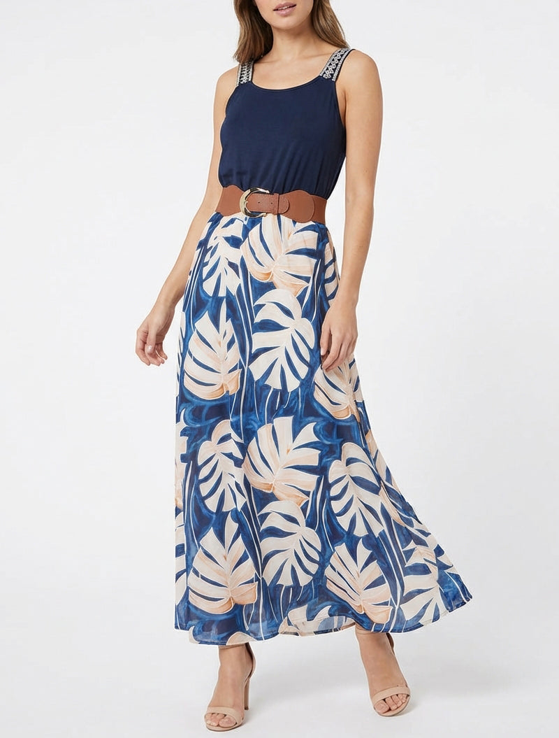 Langes Kleid mit Blätterdruck - Marine