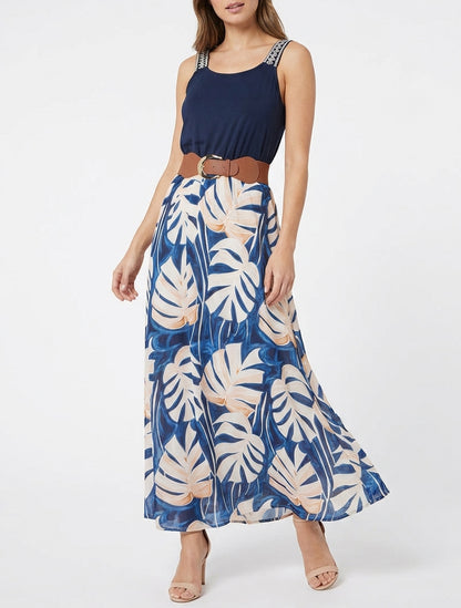 Langes Kleid mit Blätterdruck - Marine