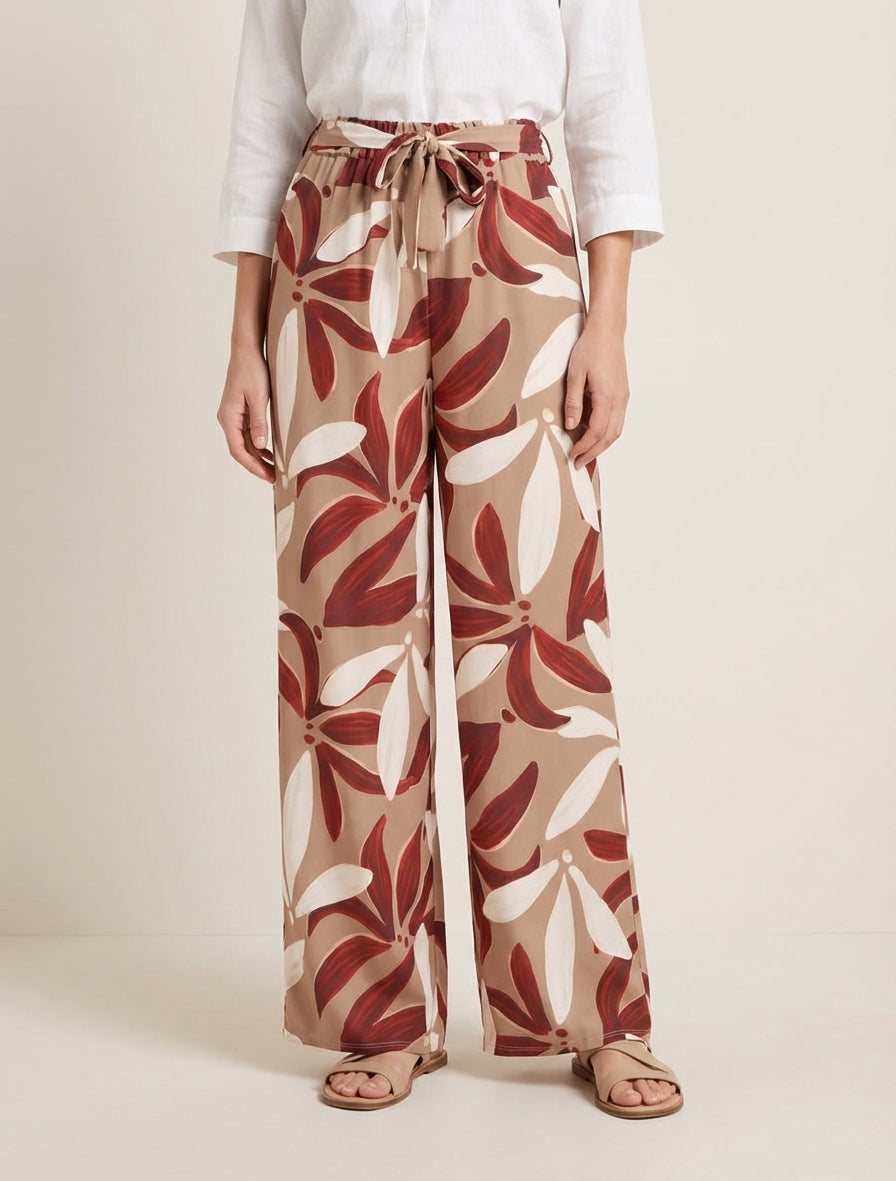 Elastische Hose mit Blumenmuster - Kamel