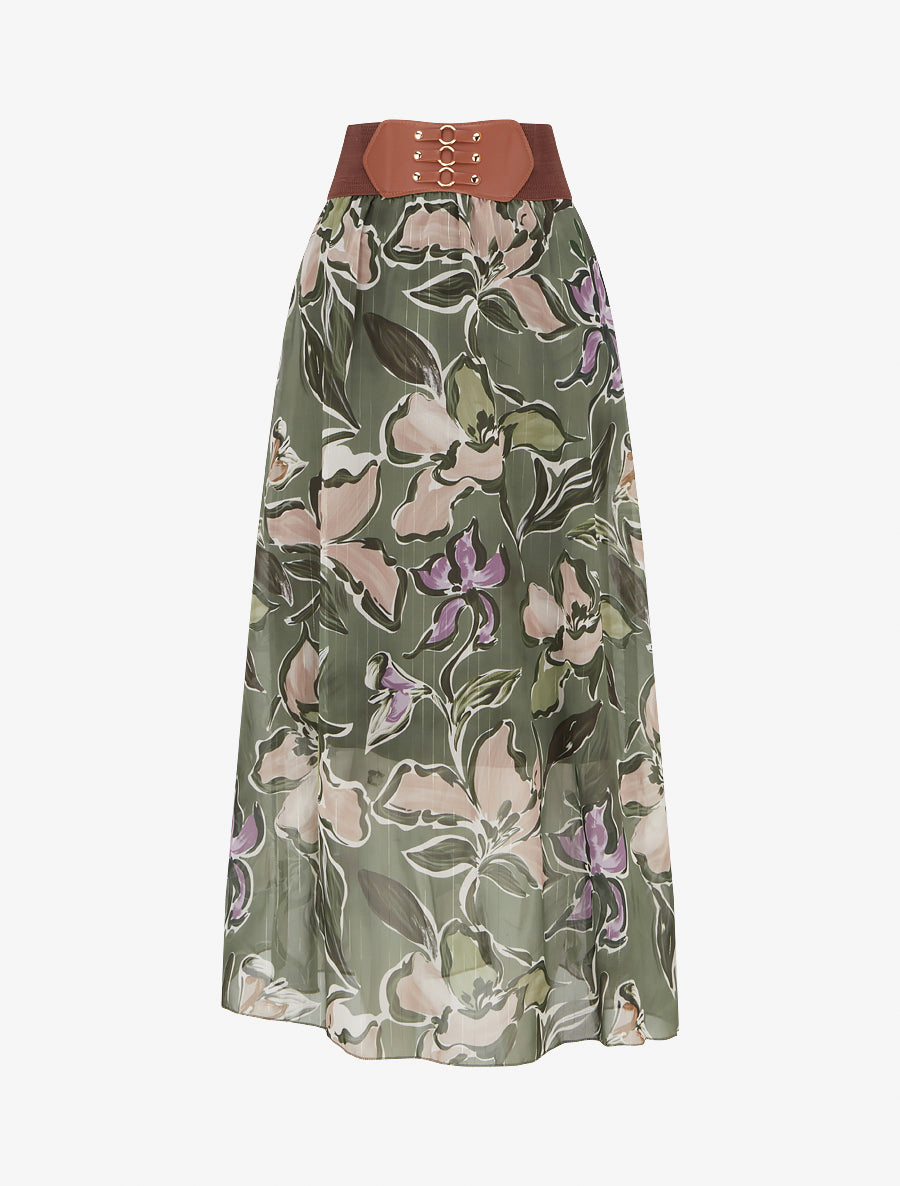 Jupe longue imprimé fleuri à rayures irisées - Kaki - 1