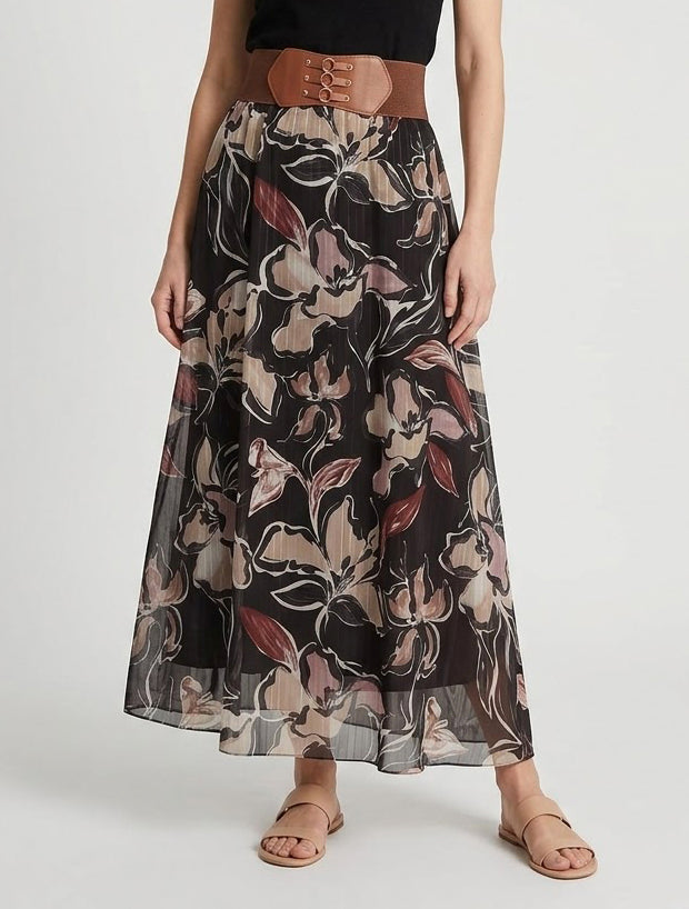 Langer Rock mit Blumendruck und irisierenden Streifen - Schwarz