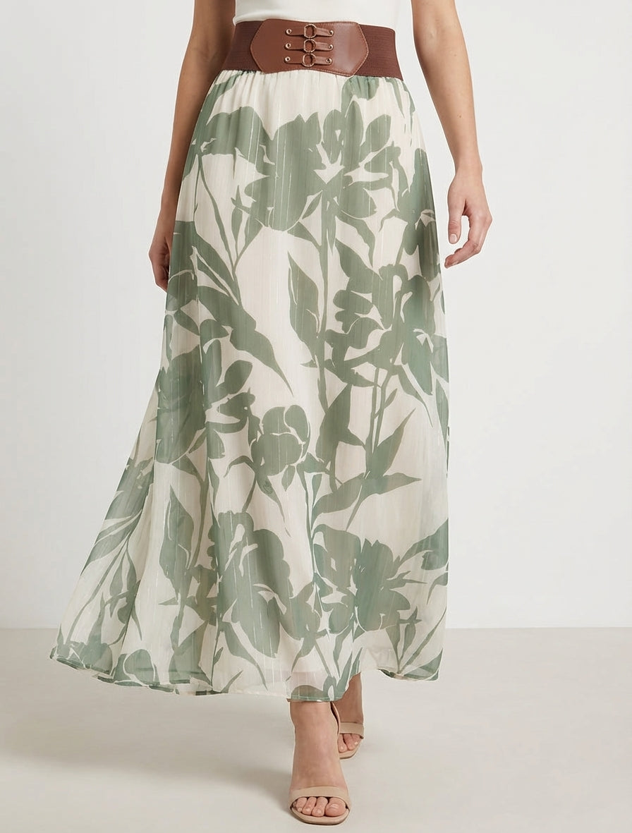 Langer Rock mit irisierendem Streifen- und Blumenmuster. - Kaki