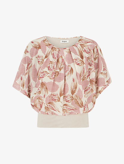 Top imprimé feuillage à manches courtes - Vieux rose - 1