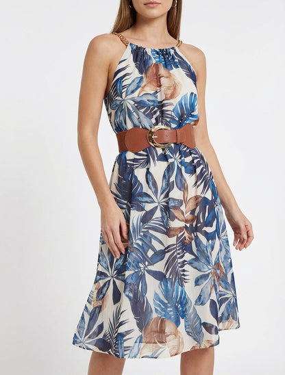 Kleid mit Kettenträgern und tropischem Druck - Marine
