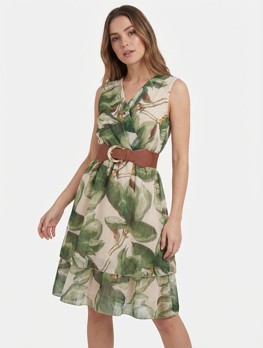 Ärmelloses Skaterkleid mit großem Blumenmuster - Kaki