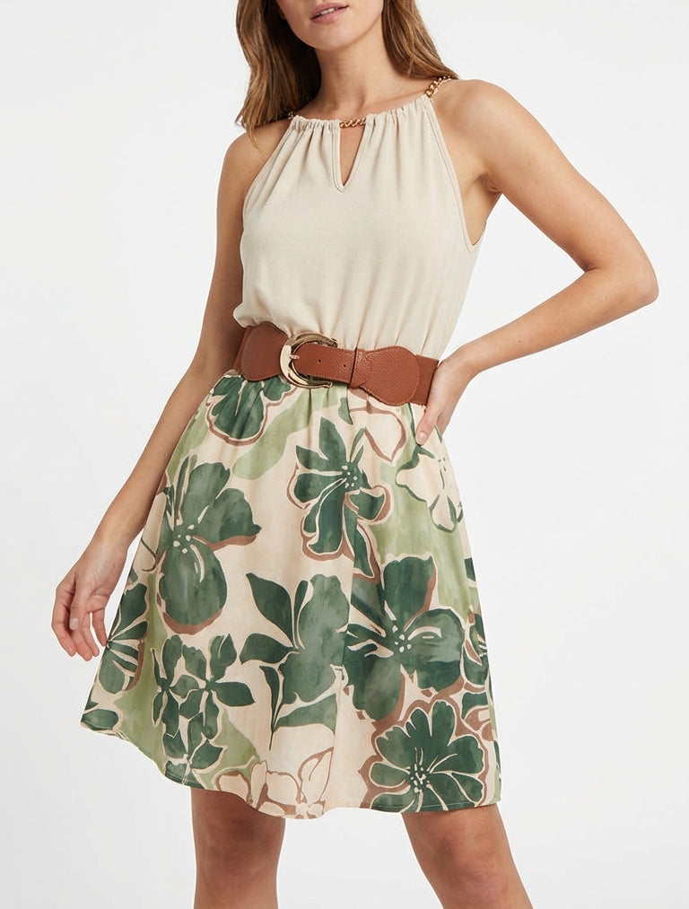 Kleid mit Ketten-Trägern und großem Blumenmuster - Kaki
