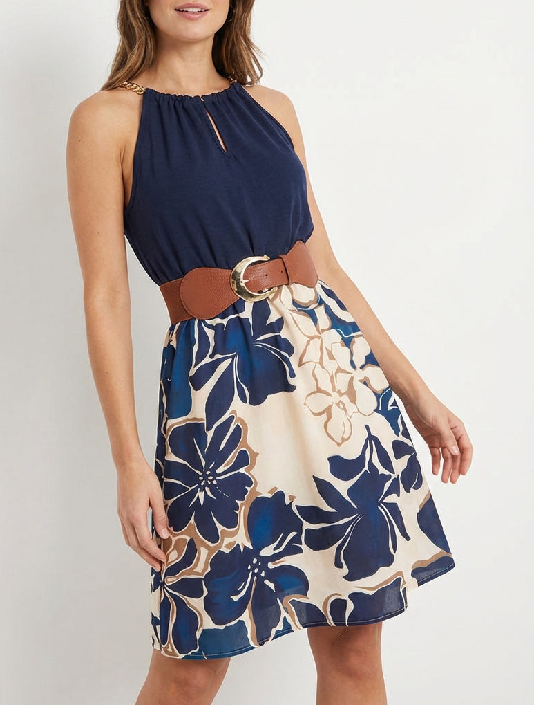 Kleid mit Ketten-Trägern und großem Blumenmuster - Marine