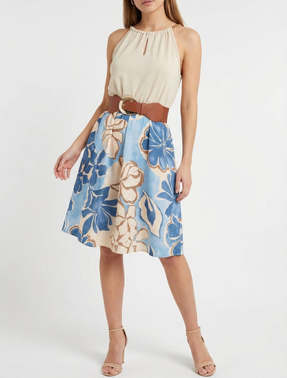 Kleid mit Ketten-Trägern und großem Blumenmuster - Hellblau