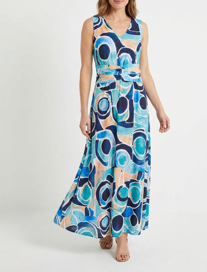 Kleid mit abstraktem Druck und elastischer Taille - Marine