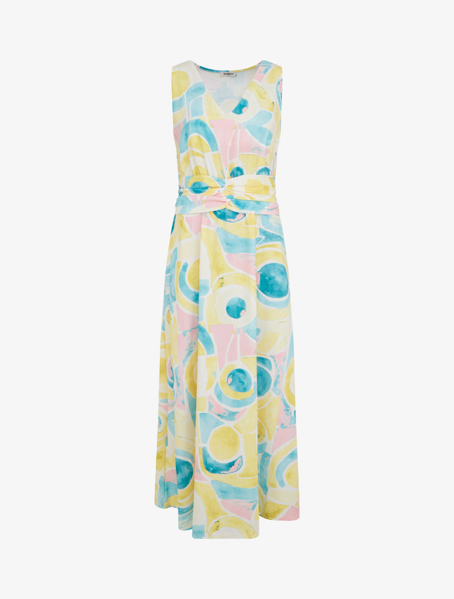 Robe imprimé abstrait à taille élastiquée - Jaune - 1