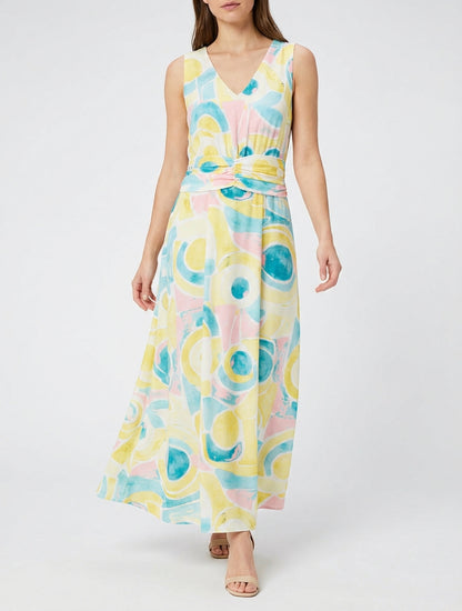 Kleid mit abstraktem Druck und elastischer Taille - Gelb
