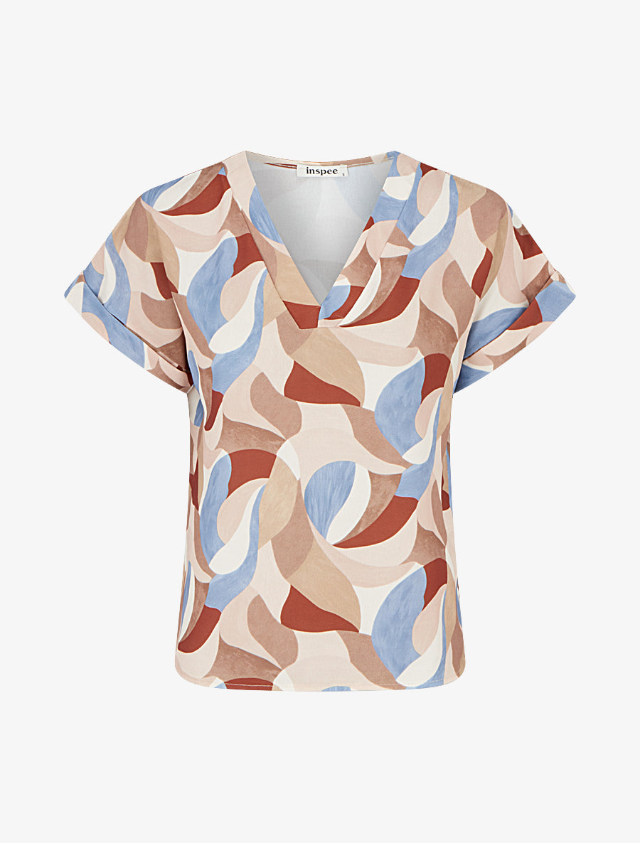 Top imprimé abstrait à manches courtes - Camel - 1