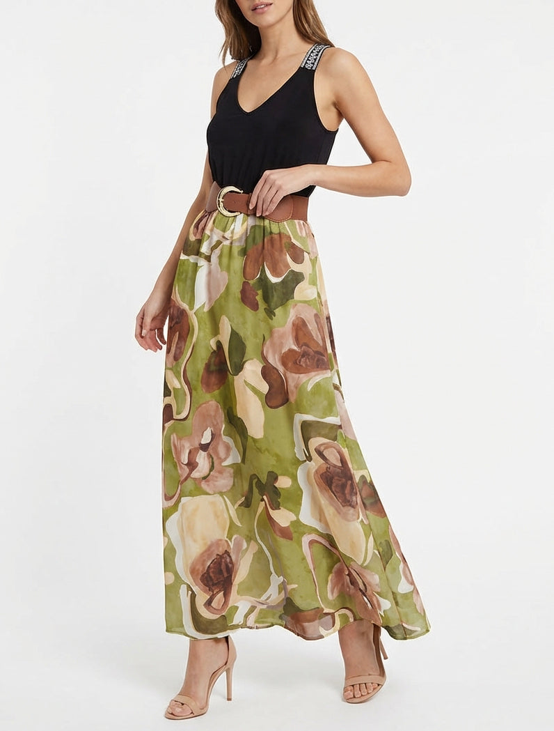 Langes Kleid mit Fantasiemuster - Olivgrün