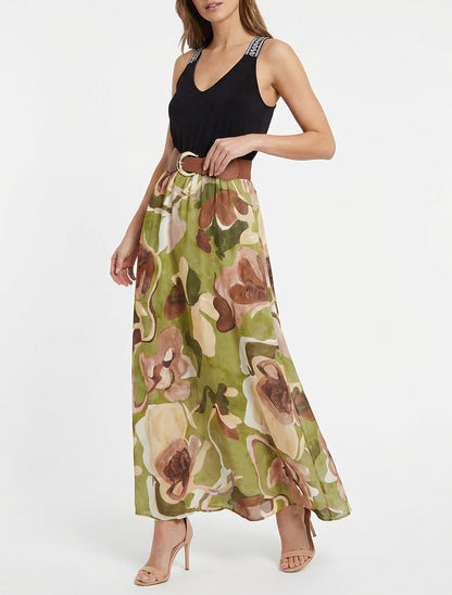 Langes Kleid mit Fantasiemuster - Olivgrün