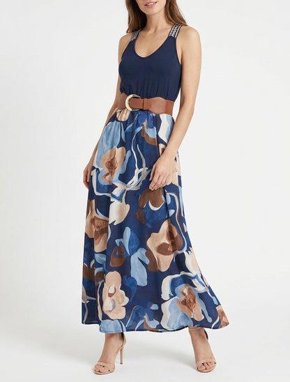 Langes Kleid mit Fantasiemuster - Marine