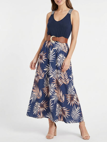 Langes Kleid mit Blätterdruck - Kamel