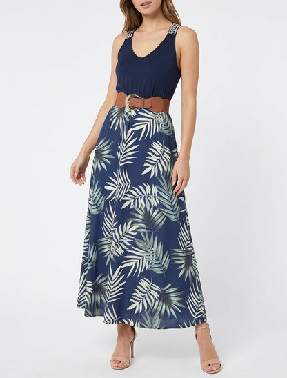 Langes Kleid mit Blätterdruck - Grün