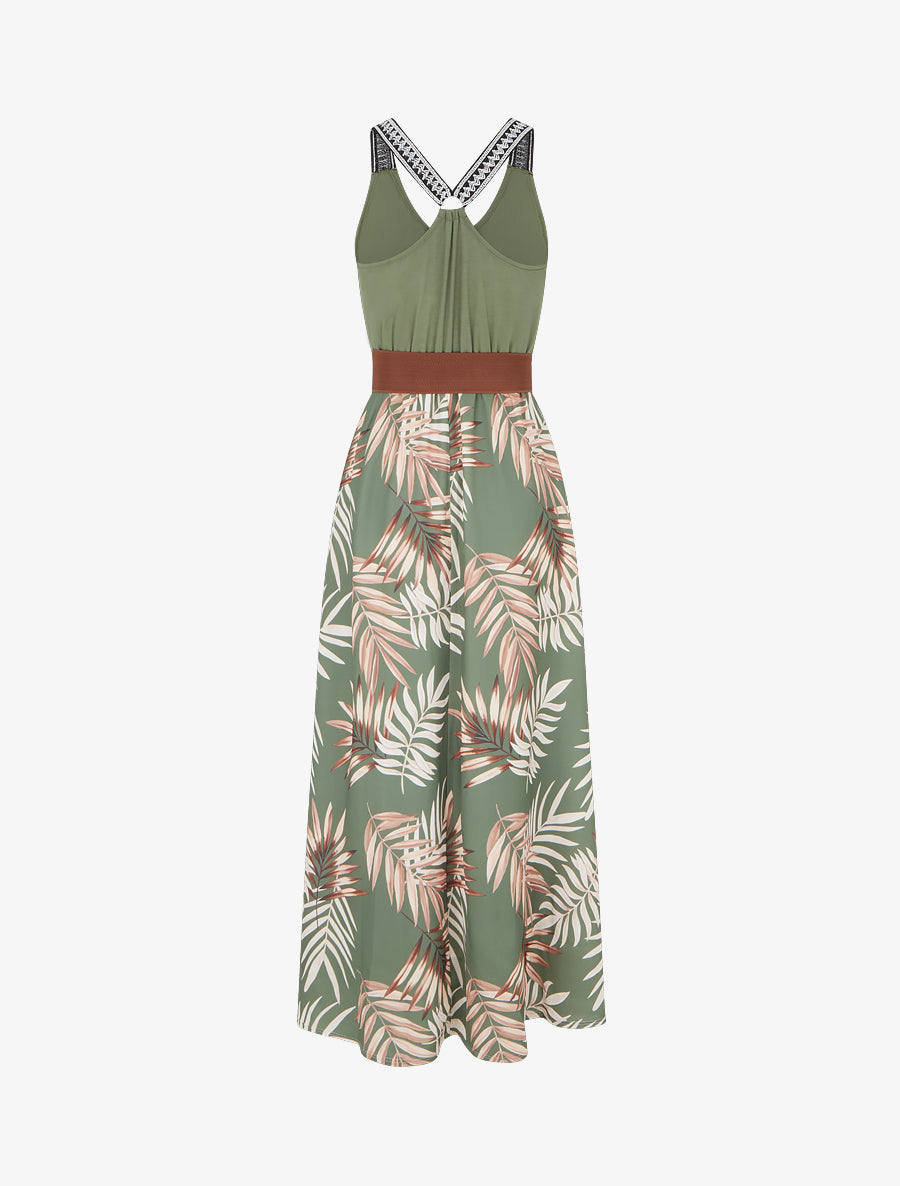 Robe longue imprimé feuillage - Kaki - 2