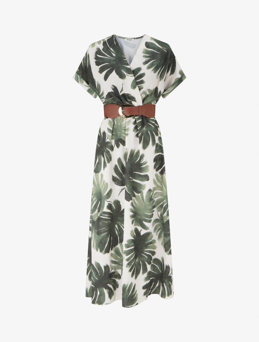 Robe longue manches courtes imprimé feuillage - Kaki - 1