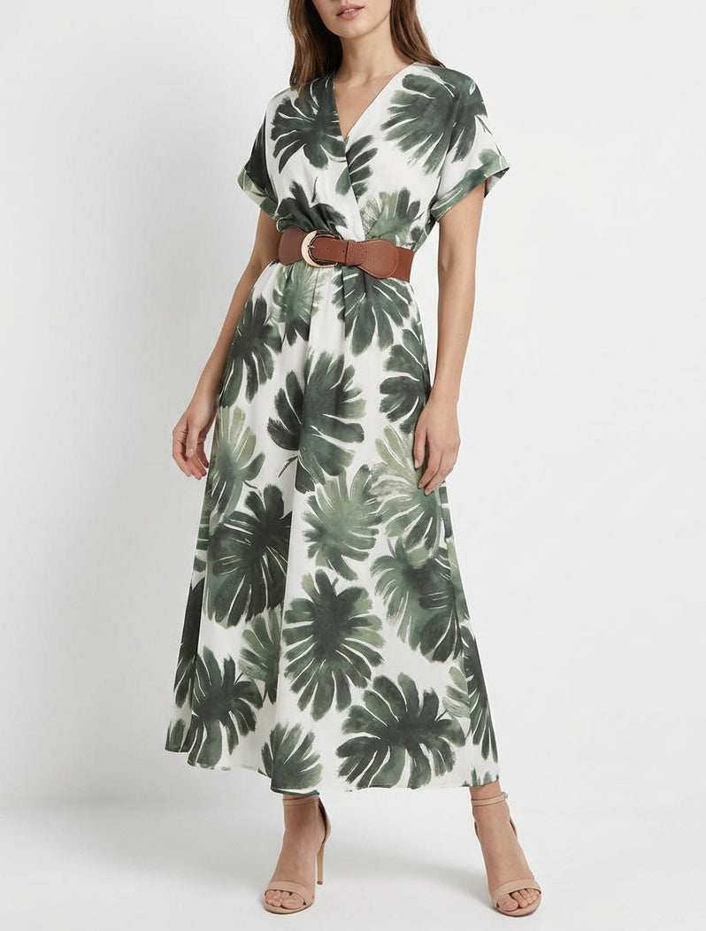 Langes Kleid mit kurzen Ärmeln und Blätterdruck - Kaki