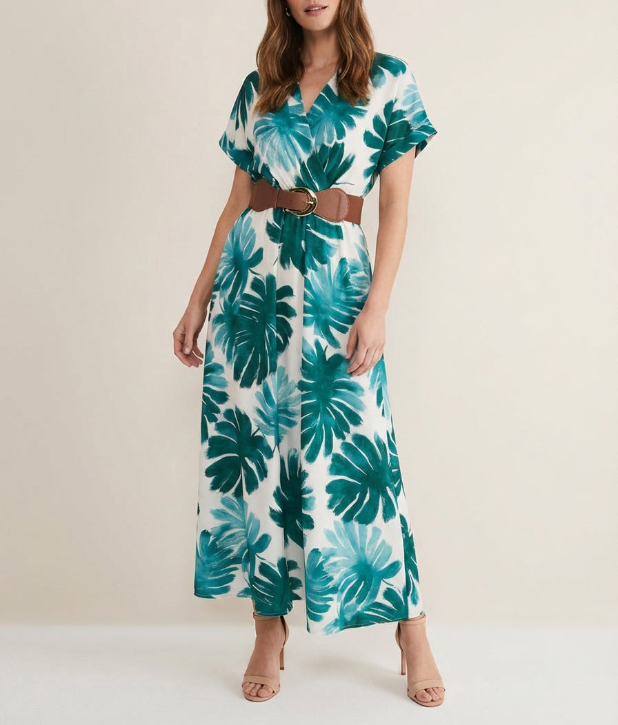 Langes Kleid mit kurzen Ärmeln und Blätterdruck - Dunkelgrün