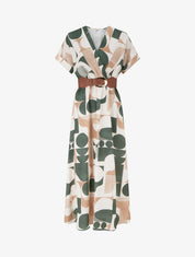 Robe longue manches courtes imprimé graphique - Kaki - 1