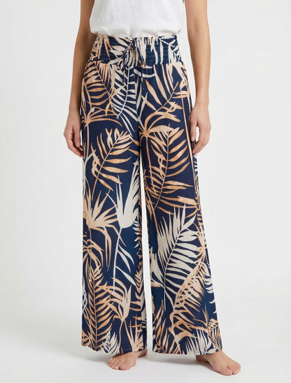 Blattbedruckte Hose mit elastischem Bund - Marine