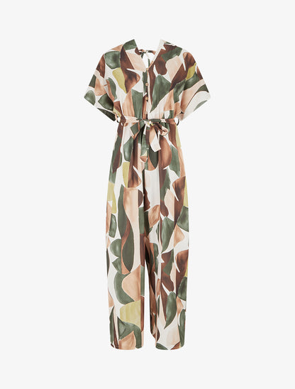 Combinaison imprimé abstrait à taille élastiquée - Kaki - 1