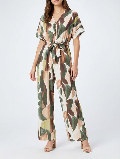 Abstrakt bedruckter Overall mit elastischer Taille - Kaki