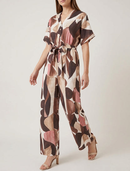 Abstrakt bedruckter Overall mit elastischer Taille - Braun