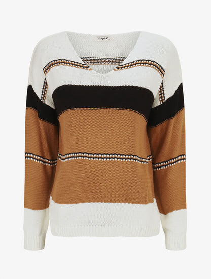 Pull en maille à rayures stylisées - Blanc - 1