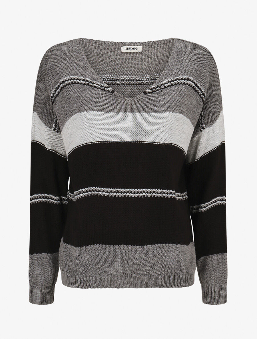 Pull en maille à rayures stylisées - Gris foncé - 1